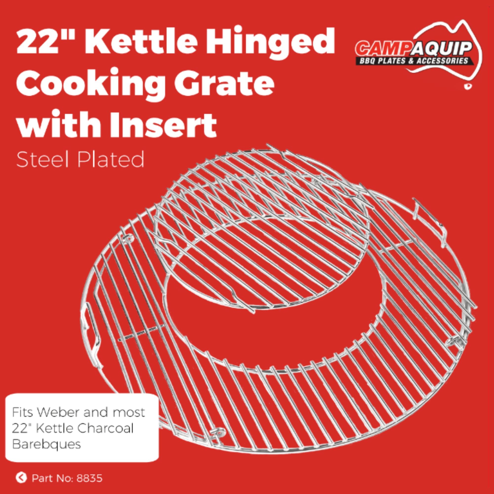 22" Kettle Cooking Grate with Hinged Sides and Insert - Steel Plated - 8835S