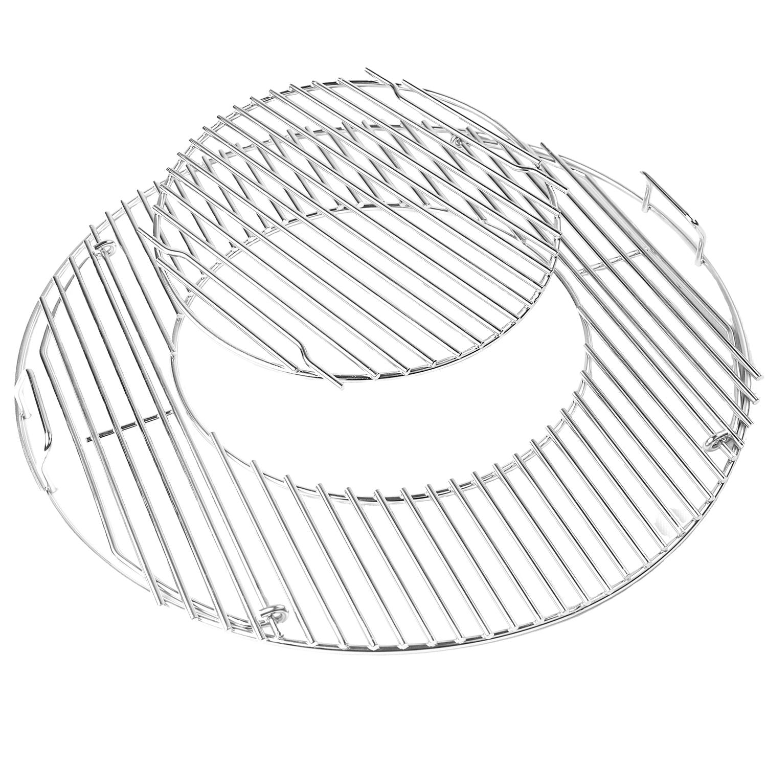 steel cooking grate for weber kettle with removable insert and hinged sides for charcoal access